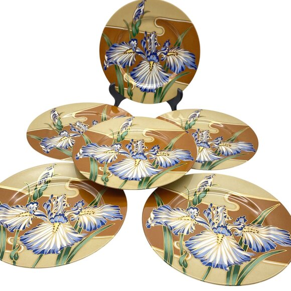 Fitz and Floyd Cloisonne Iris salad dessert plates 1980 Floral Japan - Picture 2 of 6